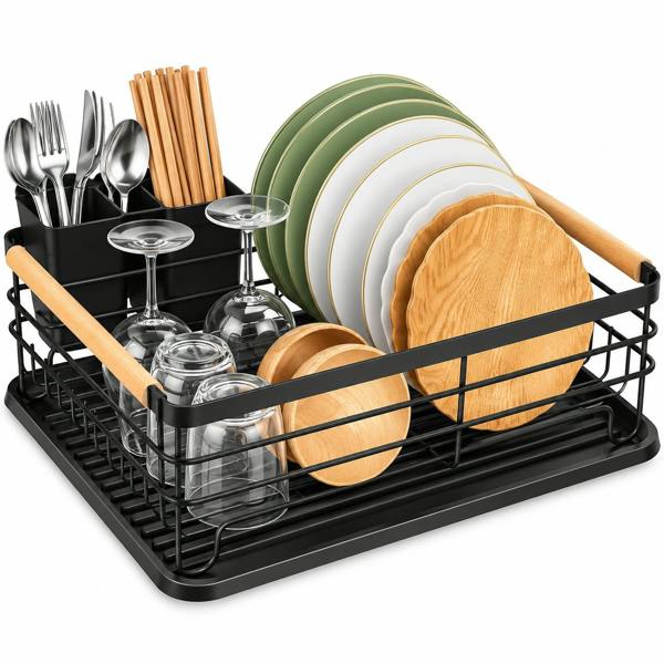 ATEK Black Dish Drying Rack with Drain Tray, Cutlery Holder & Wooden Handles