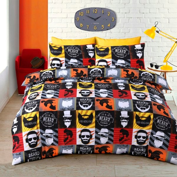 Velosso Funky Beard Print Cotton Blend Duvet Cover & Pillowcase Set, Trendy Bedroom Decor, Breathable Weave, Button Enclosure