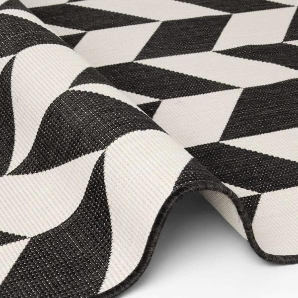 Close-up of a black and white geometric patterned rug.