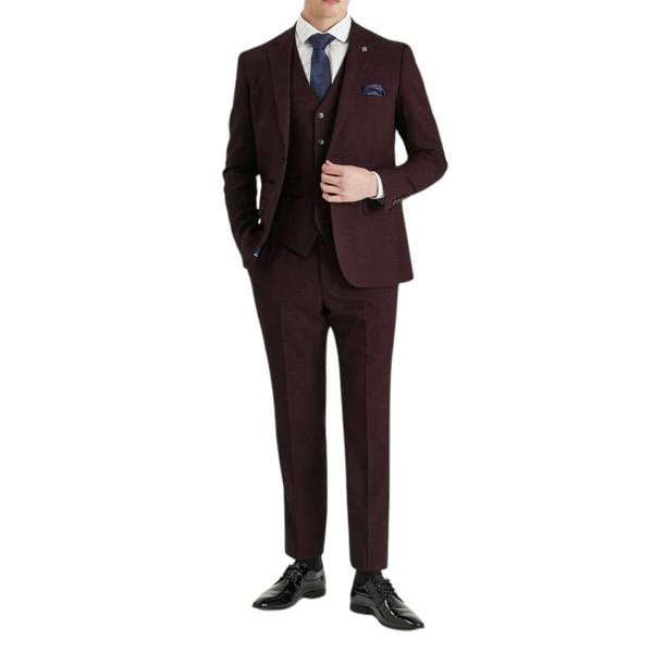 Infinity Leather Men's Wine 3 Piece Prince Of Wales Formal Suit
