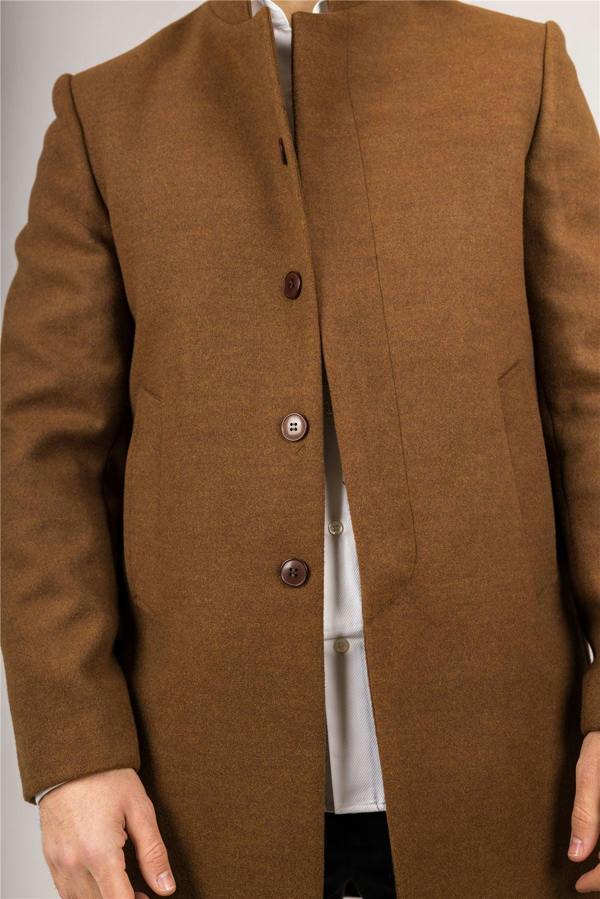 Infinity Leather Men's Brown Stand Collar Wool Blend Overcoat