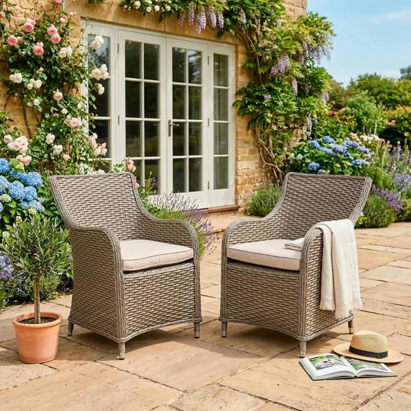 Dellonda Chester Rattan Wicker Garden Dining Chairs with Cushion, Brown - DG64