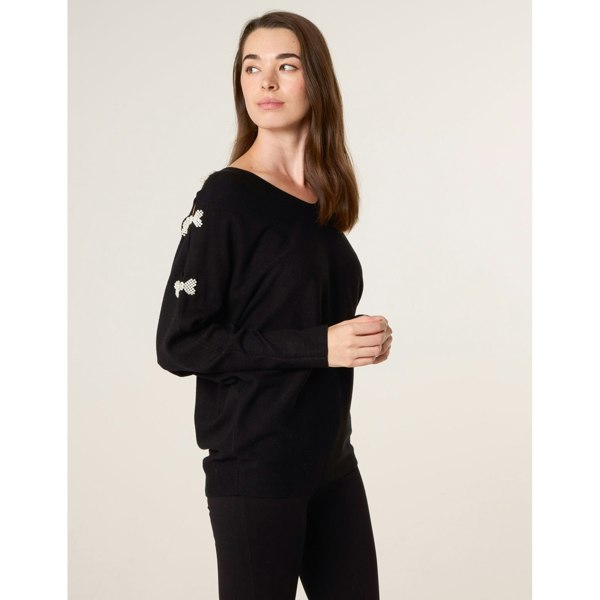 Blue Vanilla V-Neck Batwing Shoulder Pearl Detailing Jumper