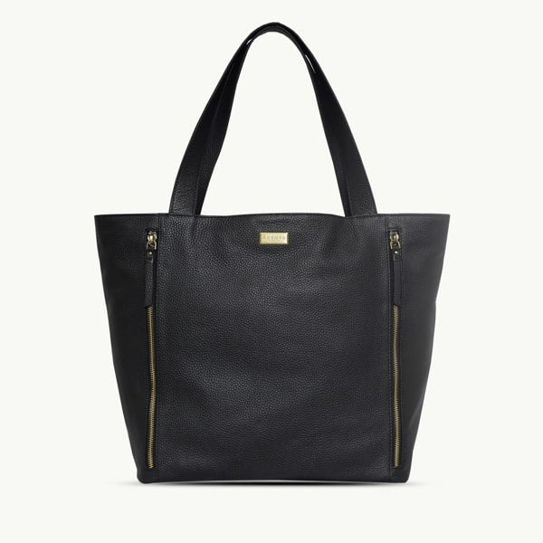 Assots London 'CORDER' Black Pebble Grain Real Leather Oversized Tote Bag