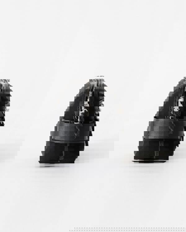 Black backpack with a visible brand logo on a white background