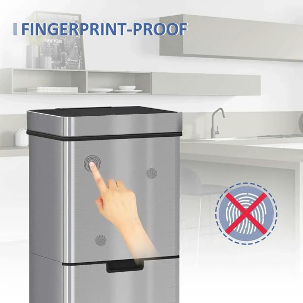 Stainless steel recycling bin with removable lid and fingerprint-resistant front