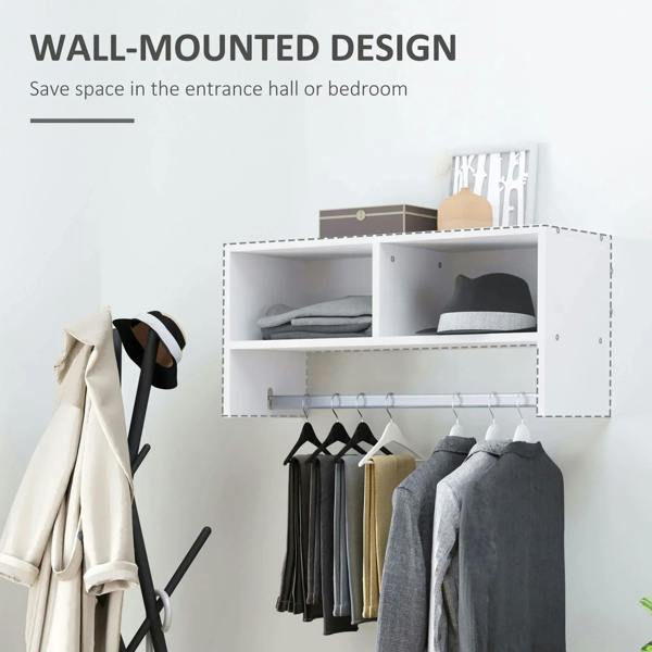 White coat organizer wall rack with shelves and hanging rail holding coats