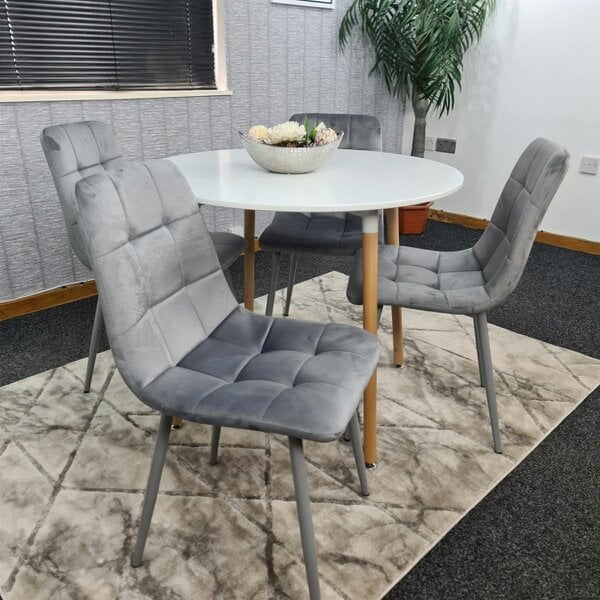 Kosy Koala Dining Table and 4 Chairs  White Round Wood Table 4 Grey Velvet Chairs Dining Room Furniture