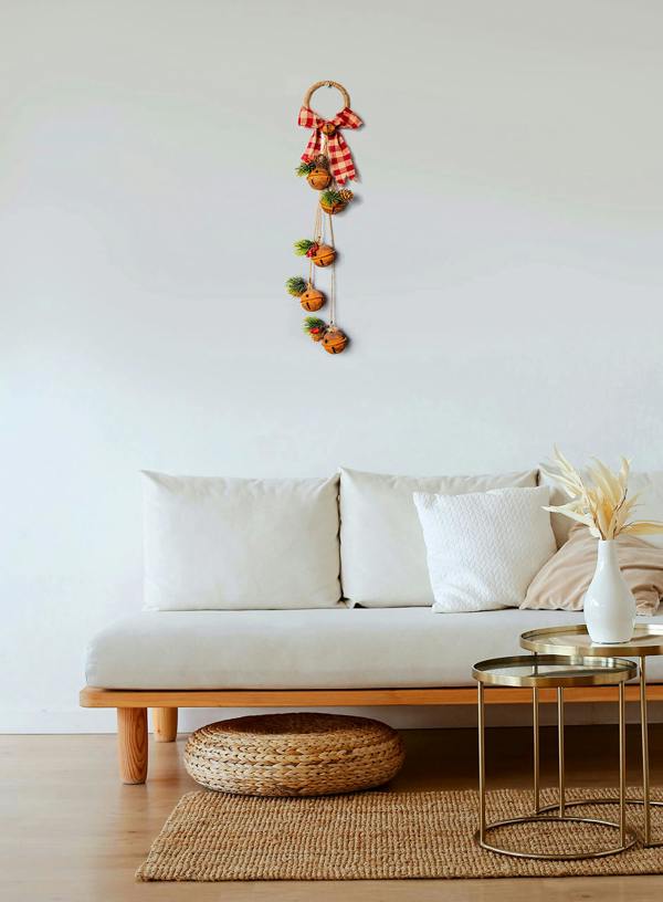 46 cm Rustic Red Hanging Christmas Bell Decoration with Ribbon, Pinecones and Berries for Home Display image 9