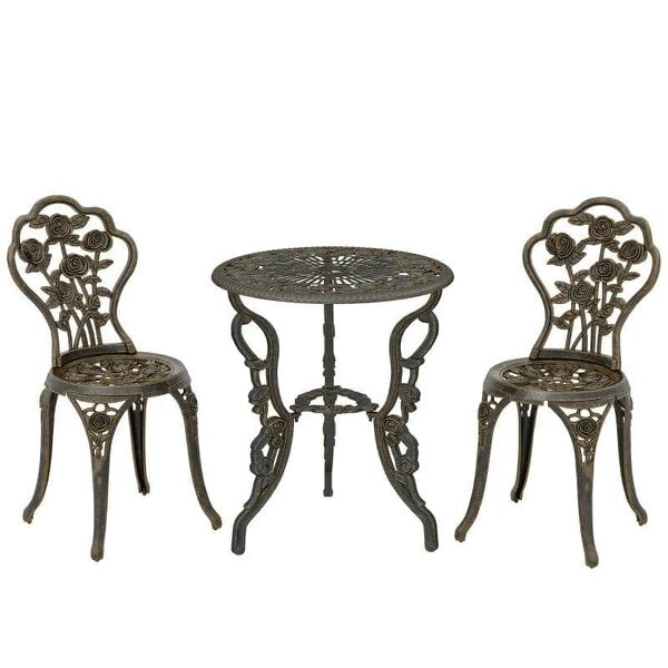 Bobobiy Garden Bistro Set with Umbrella Hole, 3 Piece Cast Aluminium Garden Set, Antique Floral Round Coffee Table and Chairs, Brown Tone