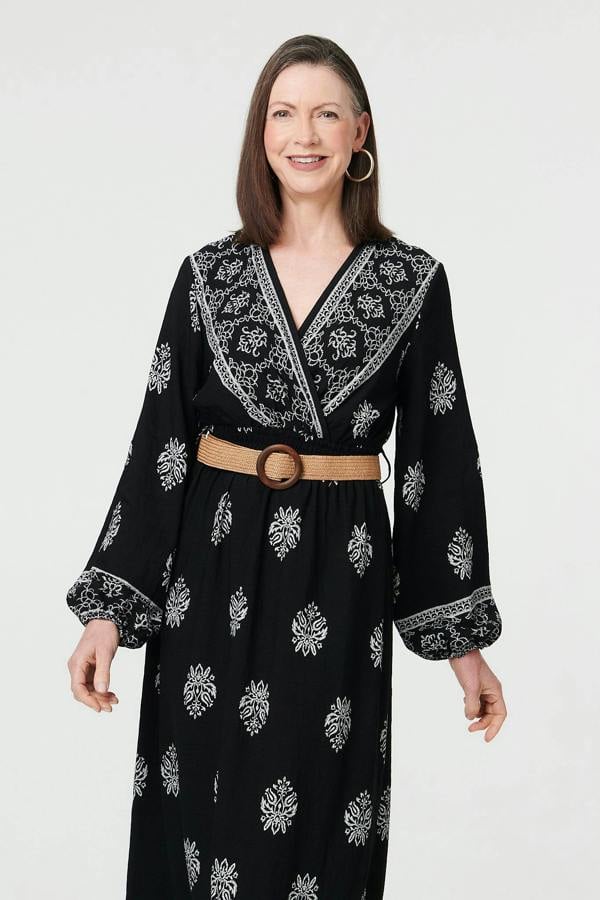 Black | Border Print Belt Waist Maxi Dress