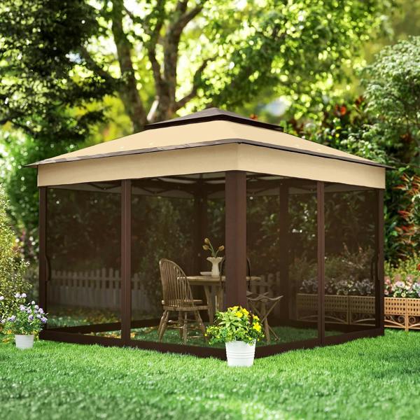 Beige pop-up gazebo with dark brown frame and sheer side curtains, garden with potted plants