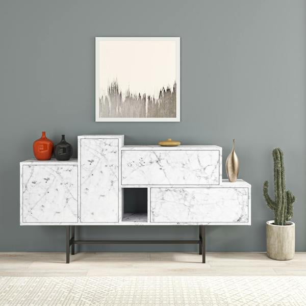 Decortie Hermes Console Sideboard Display Unit 2 Cabinets 2 Drawers Modern Storage White Marble Effect 160cm