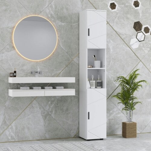 Wyld Haus Dohifa Tall Bathroom Storage Cabinet With Line Embossed Front And Adjustable Shelves White
