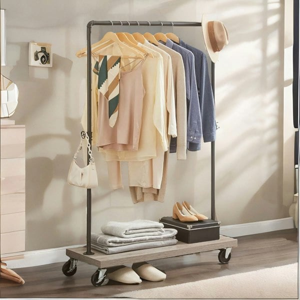 Rafaelo Mobilia Industrial Clothes Rack With Wheels Open Wardrobe Light Brown