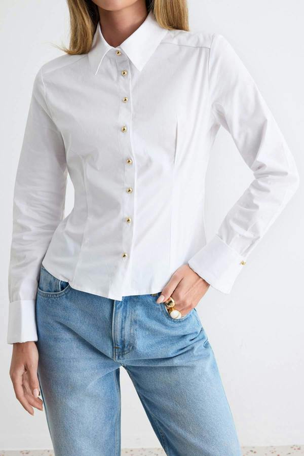 Gold Button Detail Fitted Long Sleeve Shirt