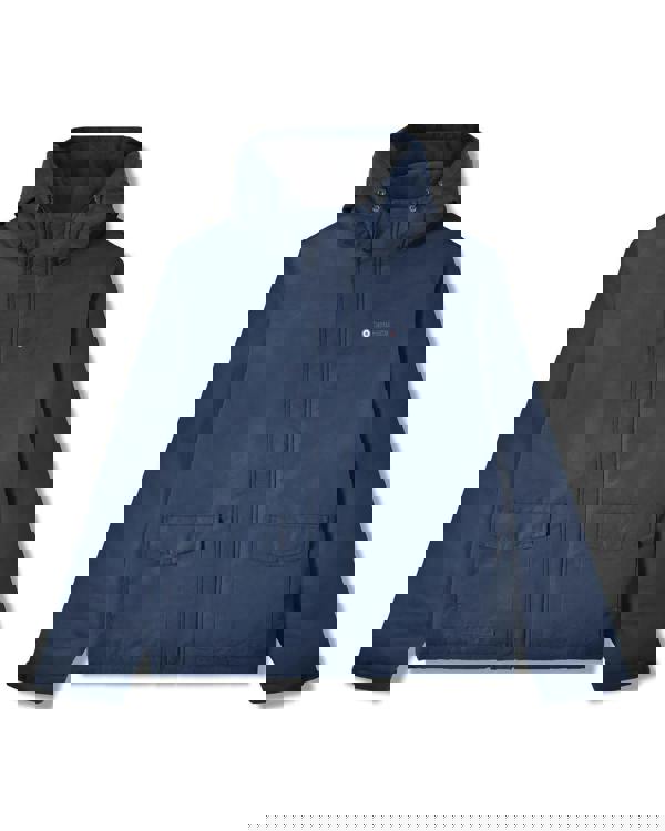 Lambretta Mens Padded Hooded Classic Badge Jacket Coat, blue padded men's jacket with hood and front pockets.