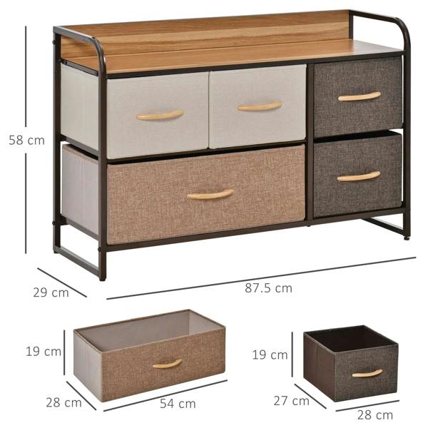 Front view of five-drawer dresser with wood top, linen fabric bins in beige and dark gray