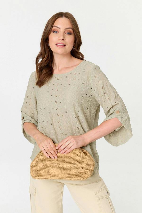 Sage | Embroidered Textured 3/4 Sleeve Blouse
