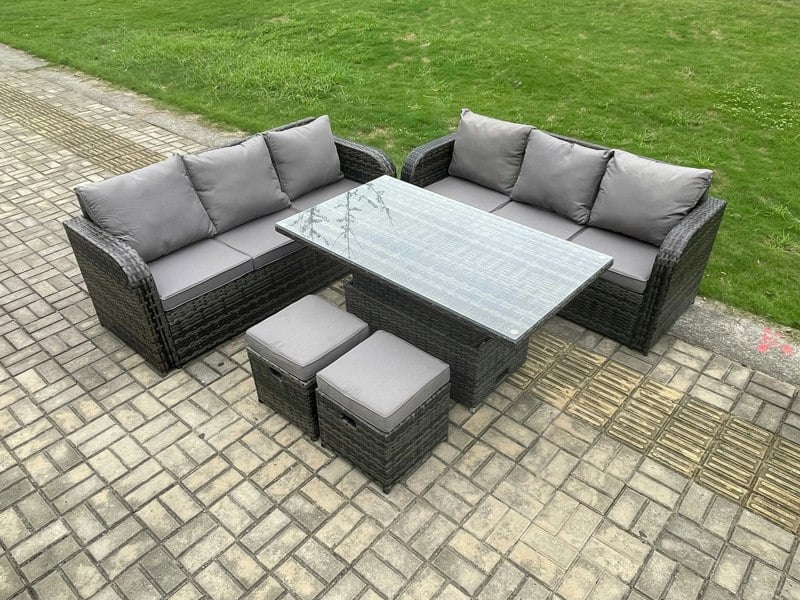 Fimous 8 Seater Outdoor Rattan Garden Furniture Sets Height Adjustable Rising lifting Dining Table Sofa Set with 2 Small Footstools Dark Grey Mixed