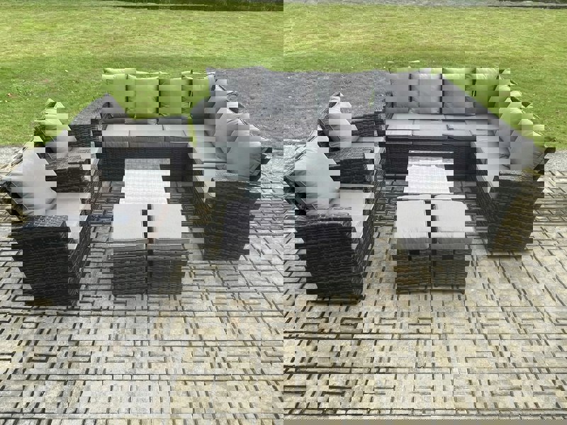 Fimous 10 Seat Rattan Garden Furniture Corner Sofa Set Outdoor Patio Sofa Table Set with 2 Small Footstools 2 Armchairs Dark Grey Mixed