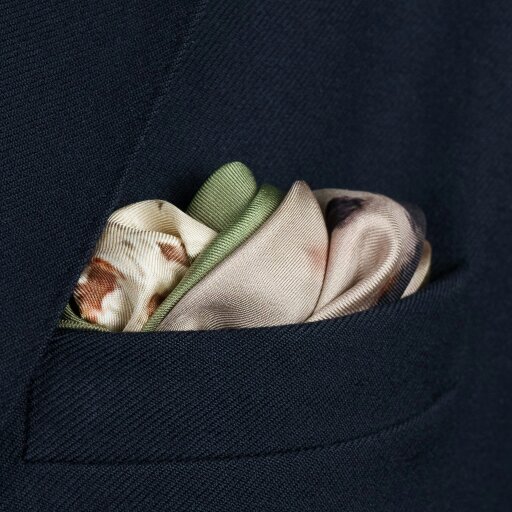 Otway & Orford '75 Not Out' cricket silk pocket square in green & white (42 x 42cm)