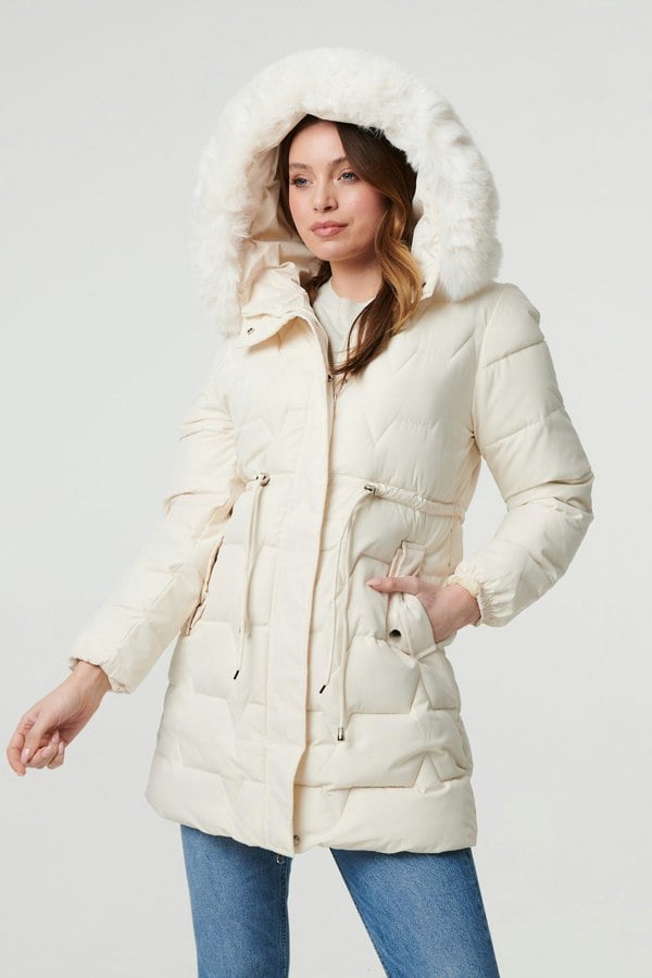 Cream | Faux Fur Hooded Tie Waist Puffer Jacket
