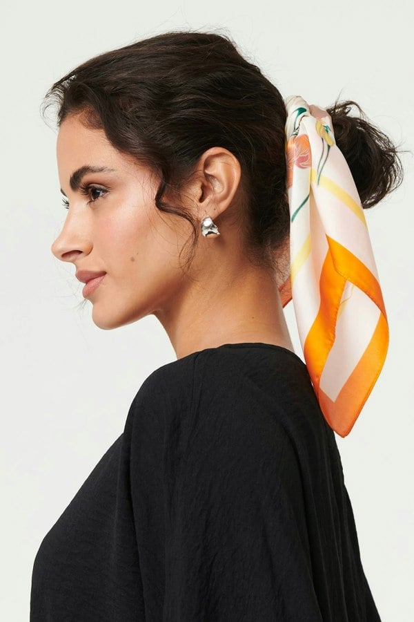 Orange | Floral Border Print Slim Square Scarf
