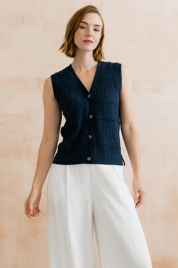 Lily & Me Sophie Pointelle Knit Sleeveless Waistcoat Navy