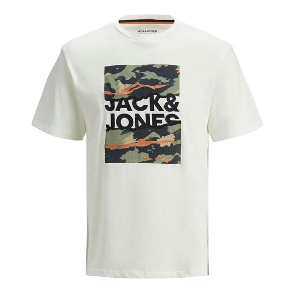 Jack & Jones Men's Logo T-Shirt Short Sleeve Crew Neck Cotton, White/Cloud Dancer