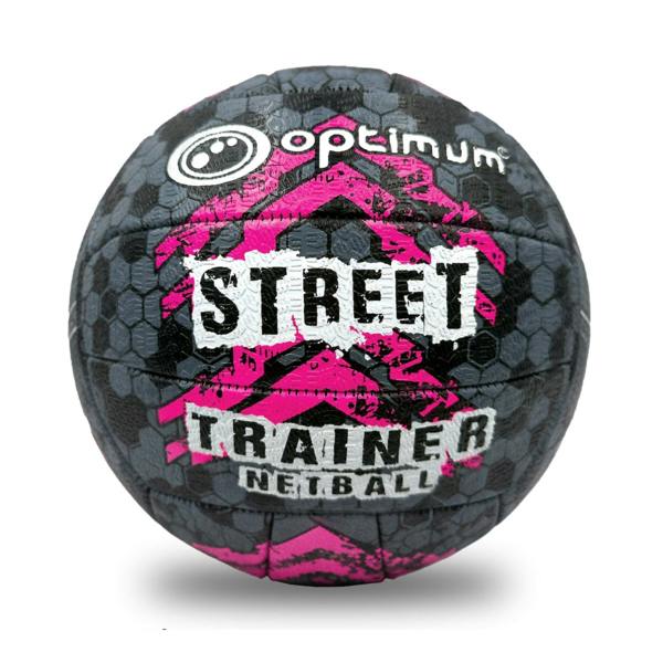 Optimum Street Trainer netball in black, grey and pink, front view on white background - Optimum