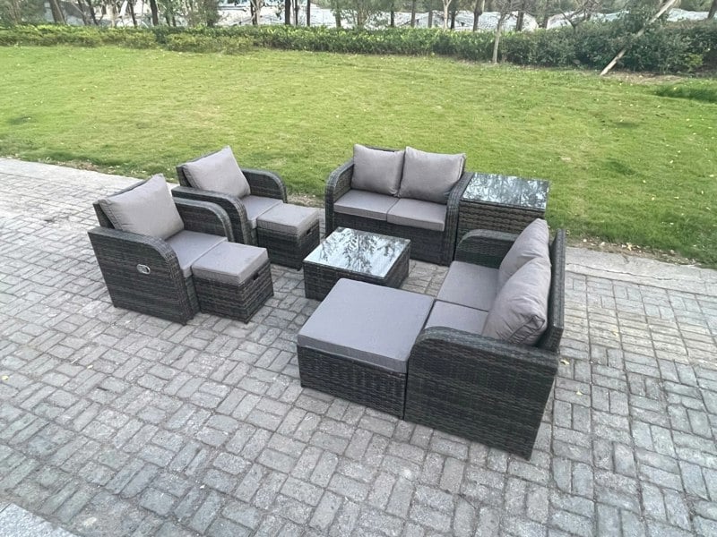 Fimous Garden Furniture Set Rattan Outdoor Lounge Sofa Chair With Tempered Glass Table 3 Footstools Side Table Dark Grey Mixed