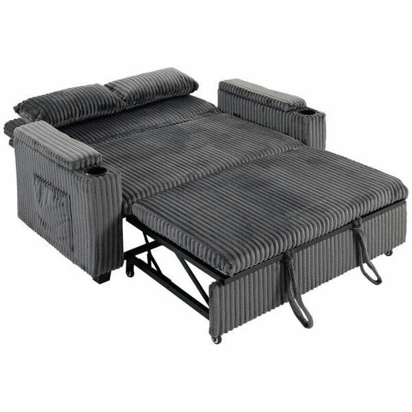 2 Seater Sofa Bed, Pull Out Sleeper Sofa w/ Adjustable Backrest, Storage Armrests, Cup Holders, Side Pockets, Dark Grey