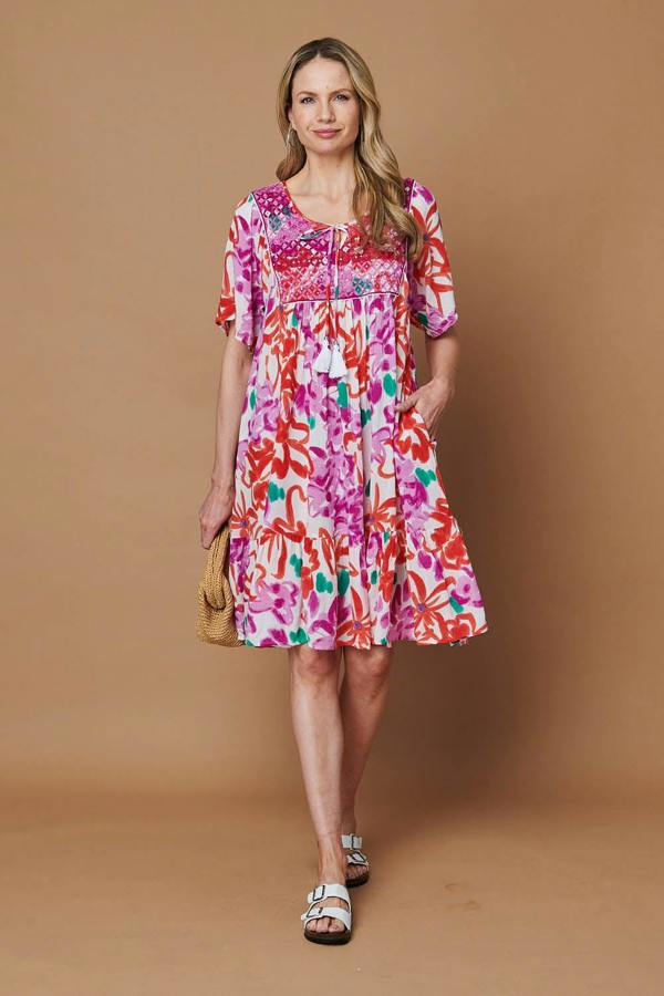 Pink | Printed Tassel Knee Length Smock Dress