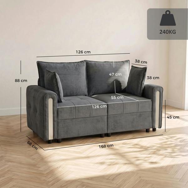 HOMCOM  2 Seater Sofa with Lift-Up Storage, 168 cm Velvet Couch, Dark Grey