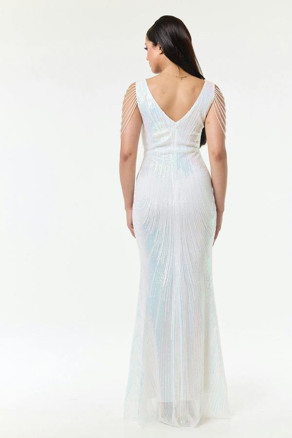 LuvForever Riona - White Jewelled Shoulder Sequin Maxi Dress