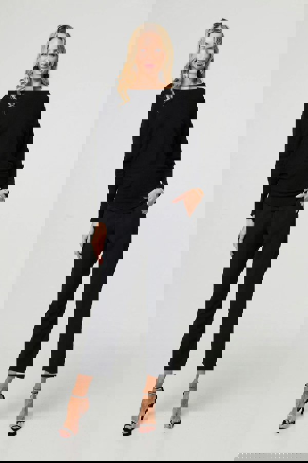 Black | Lace Trim V-Back Boat Neck Jumper Top
