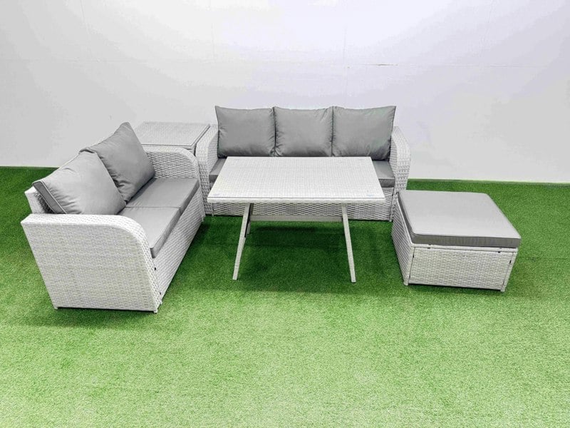 Fimous Outdoor PE Rattan Garden Furniture Set Rectangular Dining Table Sofa Set with Big Stool Side Table Light Grey