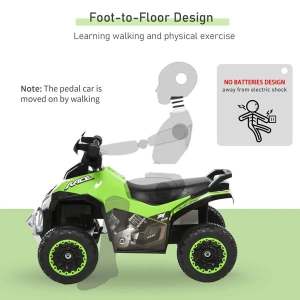 Toddler foot-to-floor ride-on car walker, green and black with wide foot space