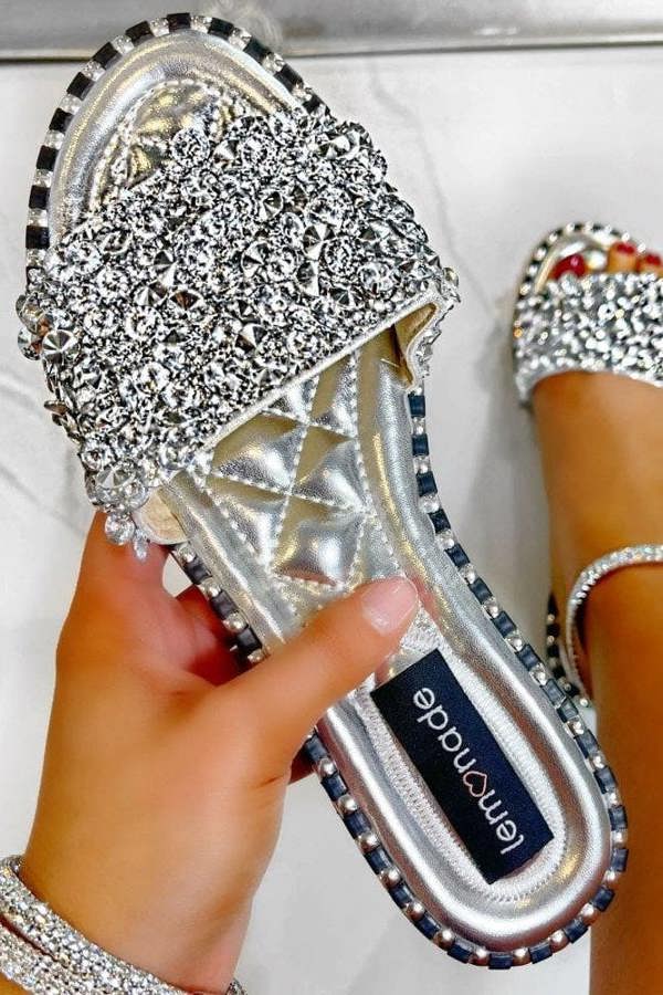 Crystal Clustered Sliders Silver featuring slip-On Design