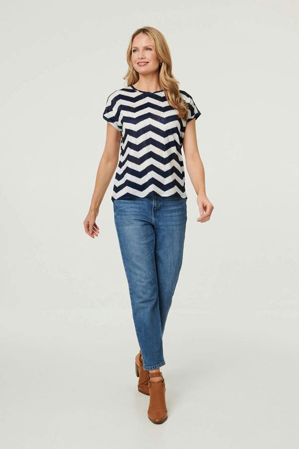 Navy | Zig Zag Cap Sleeve Slim Fit Top
