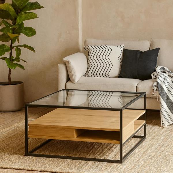 Wyld Haus Wrenna Black and Natural Oak Effect Square Coffee Table 2 Shelves Glass Top