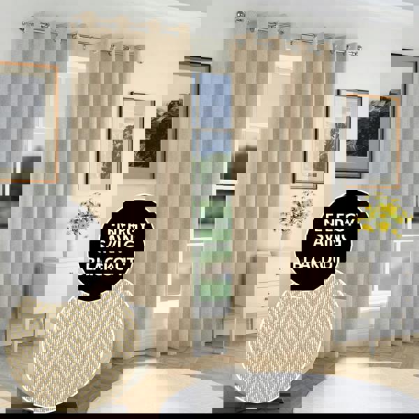 Enhanced Living Natural Herringbone Jacquard Blackout Eyelet Curtains - Bedroom & Living Room