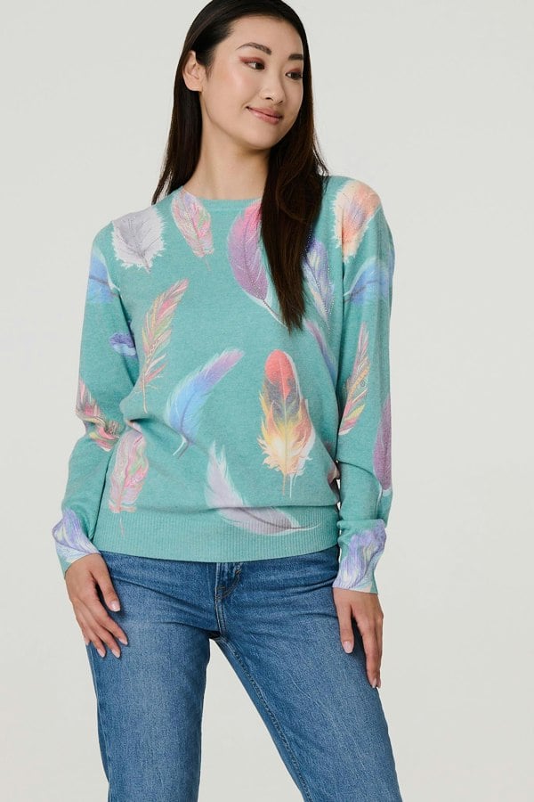 Sage | Feather Print Diamante Detail Jumper : Model is 5'9"/175 cm and wears UK8/EU36/US4/AUS8