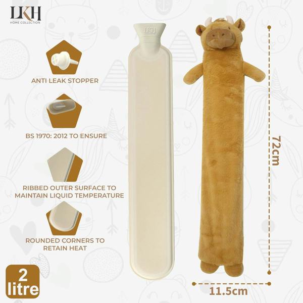 LKH HOME COLLECTION Long Hot Water Bottle With Cover 2L Removable Washable Sherpa Cover, Anti-Leak Stopper & Double Ribbed