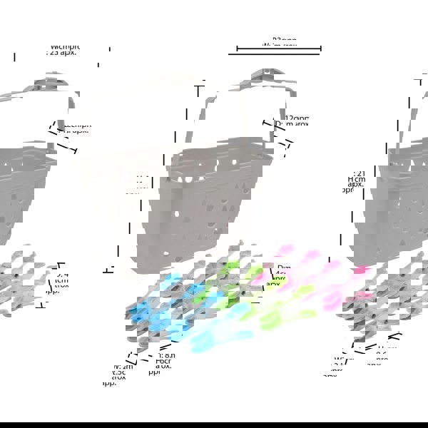 JVL Plastic Peg Basket, Grey with 24 Prism Soft Touch Flower Design Plastic Pegs, Multi