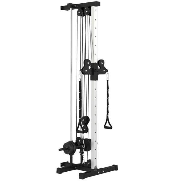 Wall-mounted dual pulley cable crossover machine with chains, pulleys, and base frame