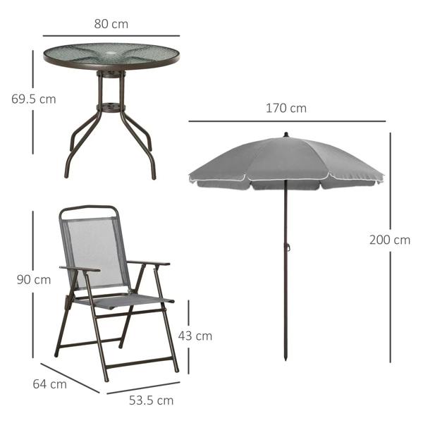 Tempered-glass round table with umbrella and folding chair, dimension diagram
