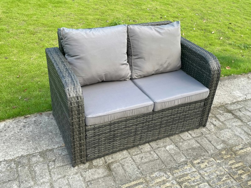 Fimous Rattan Outdoor Garden Furniture Set with Gas Fire Pit Table, 2 Sofas, 2 Reclining Chairs, 2 Side Tables, 2 Footstools - 8 Seater - Dark Grey