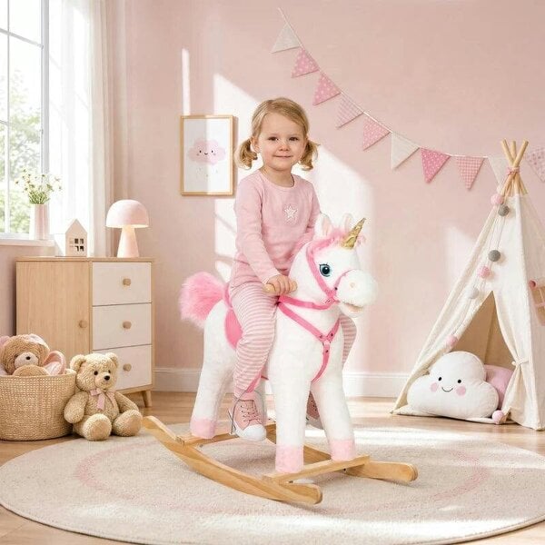 Rocking Horse, Unicorn Kids Ride on Horse with Rocking Limit, Hoofbeats, Neighing, Moving Mouth & Tail, for 1-3 Y, White